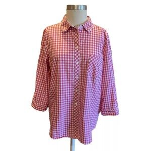 Foxcroft Button Up Gingham Check Shirt Wrinkle Free Sz 16 Fitted Pink/Red/Lurex